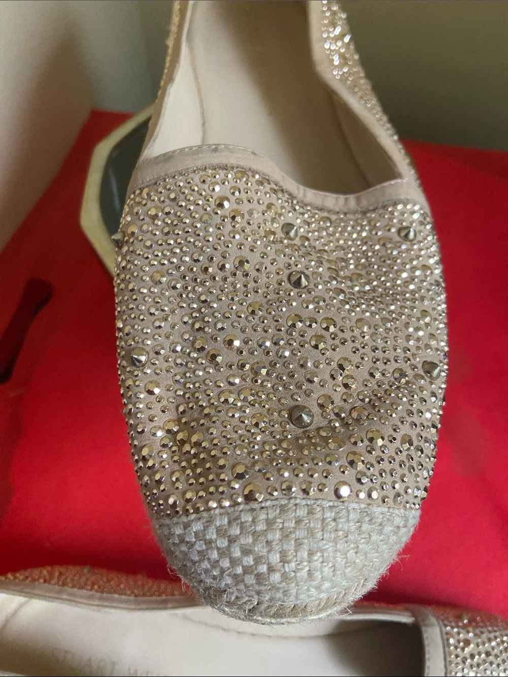 Stuart Weitzman Beige with gold Crystal Embellished Women's Espadrille Slip-Ons - Picture 3 of 5